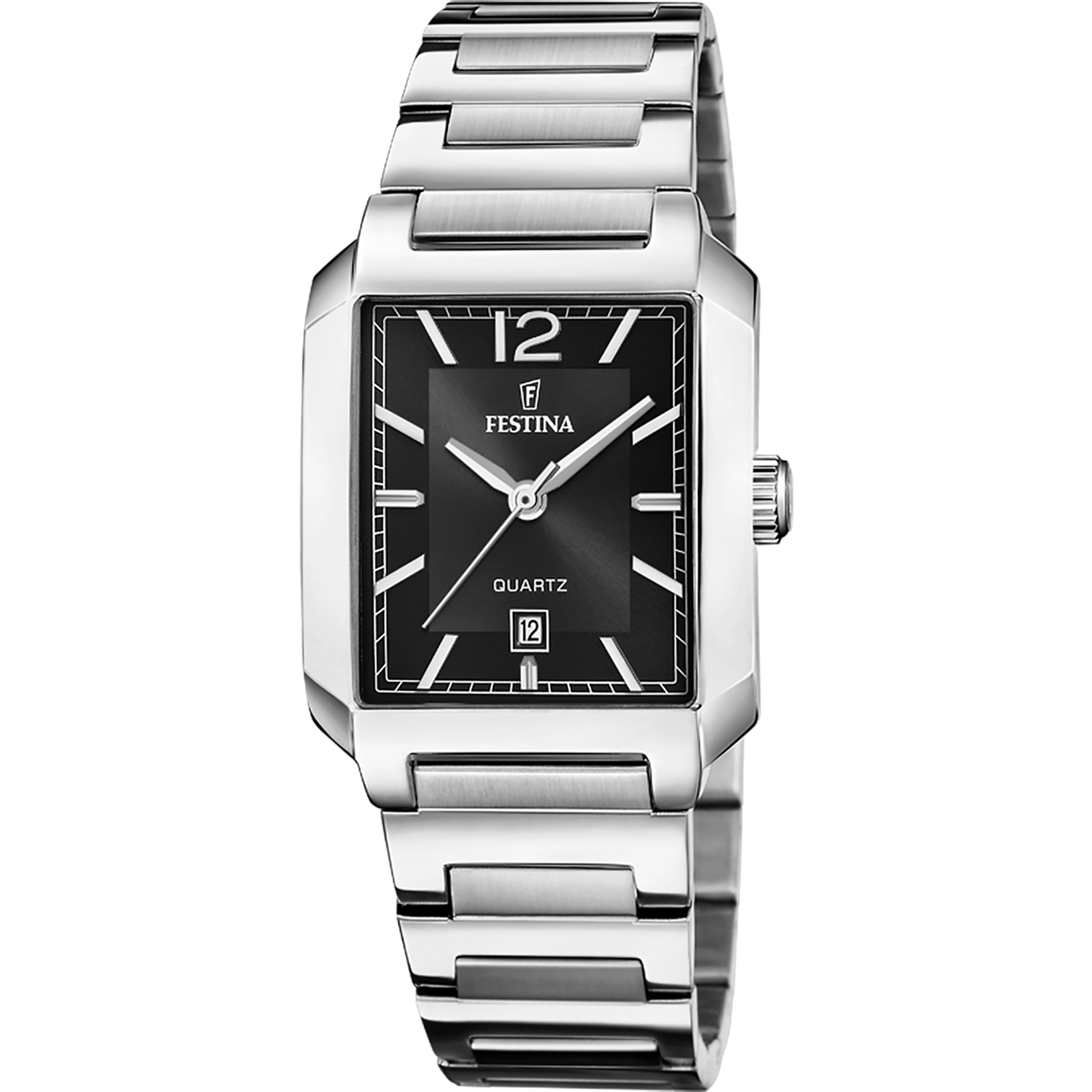 Festina Damenuhr mit quadratischem schwarzem Zifferblatt, silbernem Metallarmband, Quarz