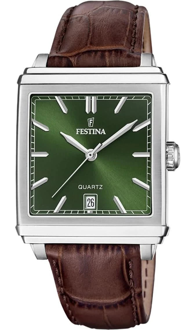 Montre bracelet homme Festina : boîtier rectangulaire argenté, cadran vert, bracelet en cuir marron