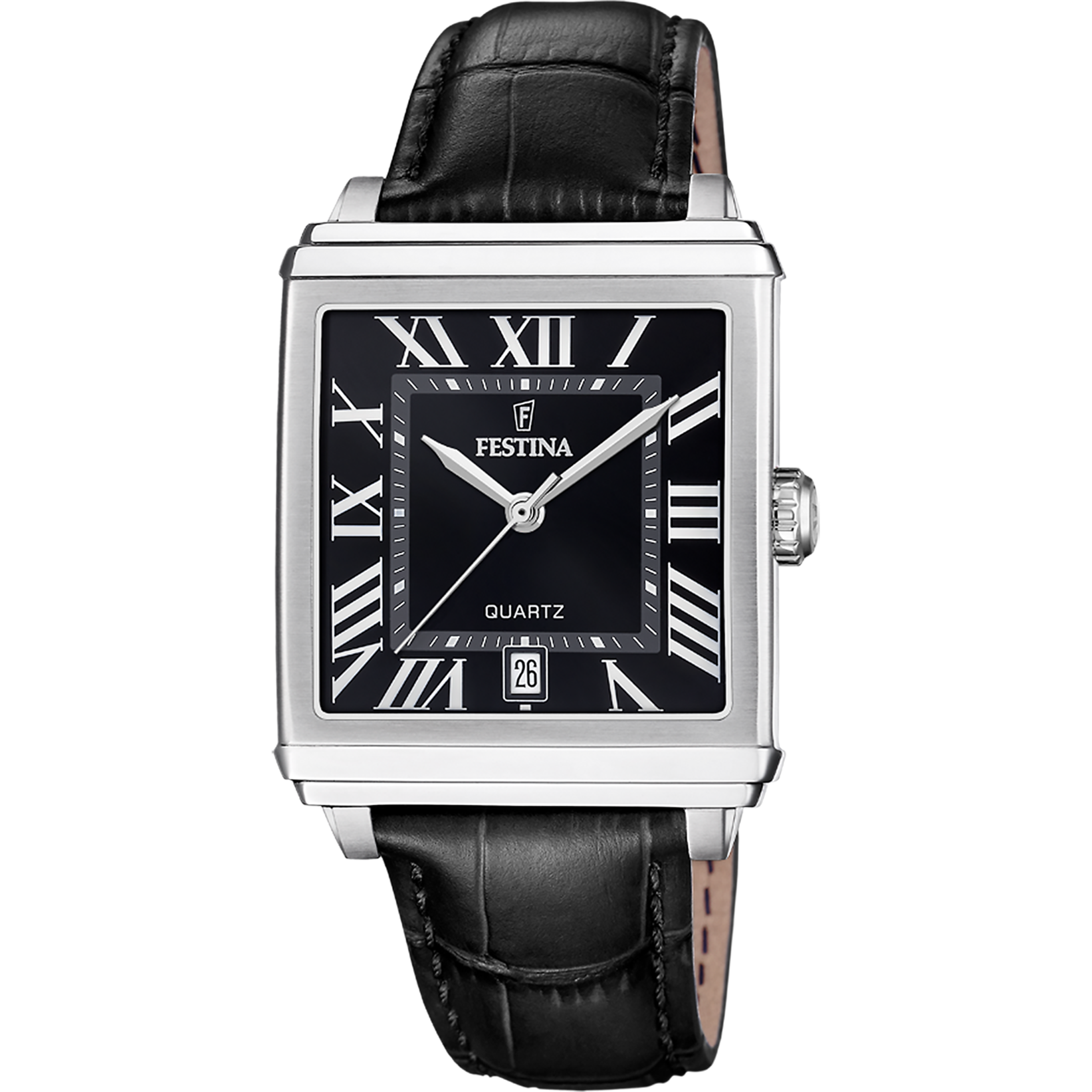 Festina Herrenquarzuhr mit eckigem Edelstahlgehäuse, schwarzem Zifferblatt und Lederband