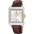 Herrenarmbanduhr mit rechteckigem silberfarbenem Gehäuse, weißem Zifferblatt und braunem Lederband