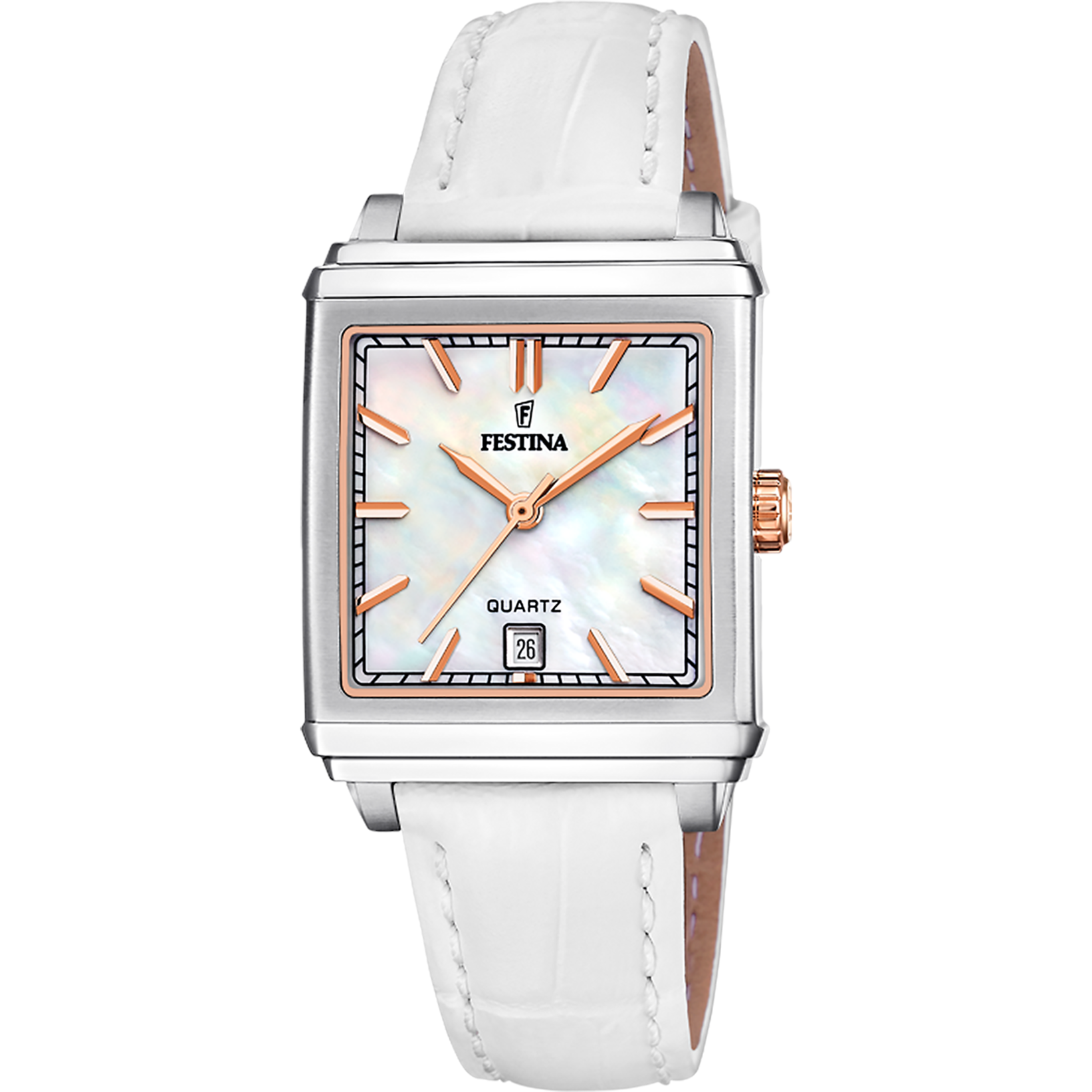 Festina Damenuhr mit rechteckigem Gehäuse, weißem Lederarmband und hellblauem Zifferblatt