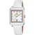 Festina Damenuhr mit rechteckigem Gehäuse, weißem Lederarmband und hellblauem Zifferblatt