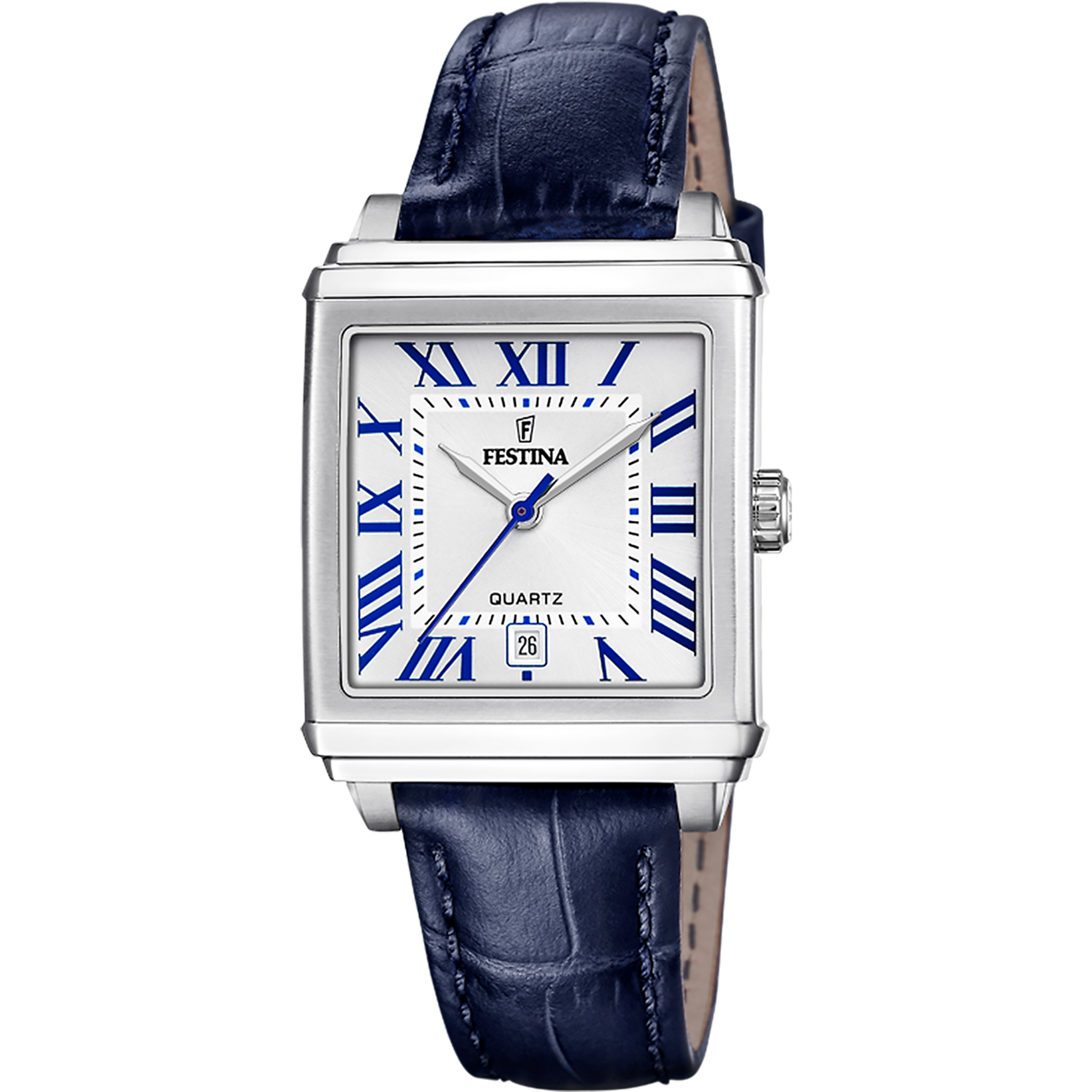 Festina Damenuhr blaues Lederarmband silbernes Gehäuse analoges Quartz-Zifferblatt