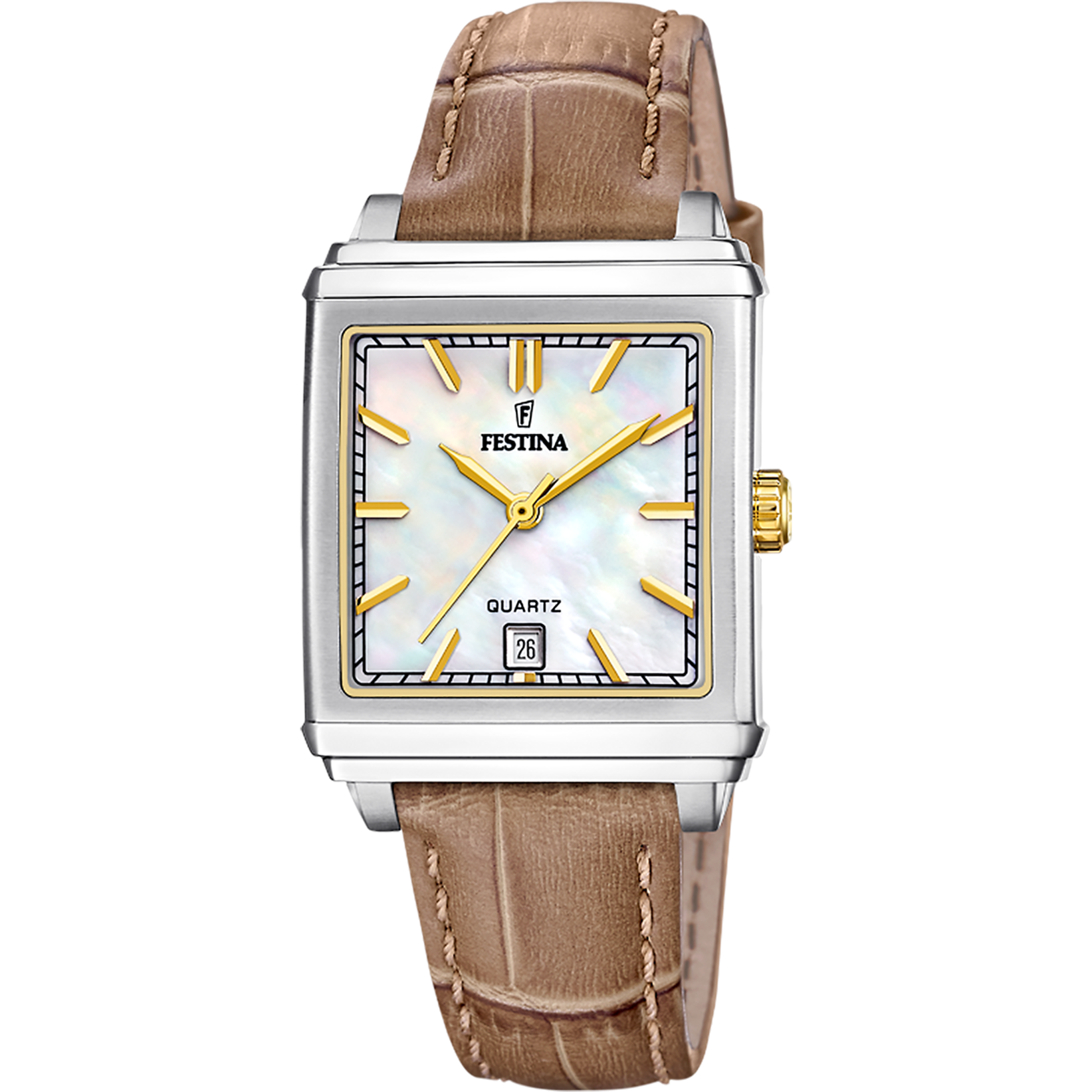 Festina Damenarmbanduhr mit rechteckigem silberfarbenem Gehäuse, beigem Zifferblatt und braunem Lederband.