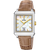 Festina Damenarmbanduhr mit rechteckigem silberfarbenem Gehäuse, beigem Zifferblatt und braunem Lederband.