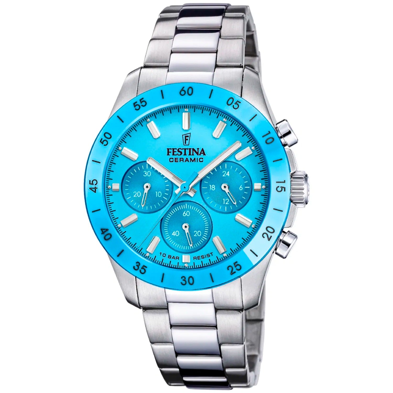 Festina Chronograph Damenarmbanduhr mit türkisfarbenem Zifferblatt und Edelstahlarmband