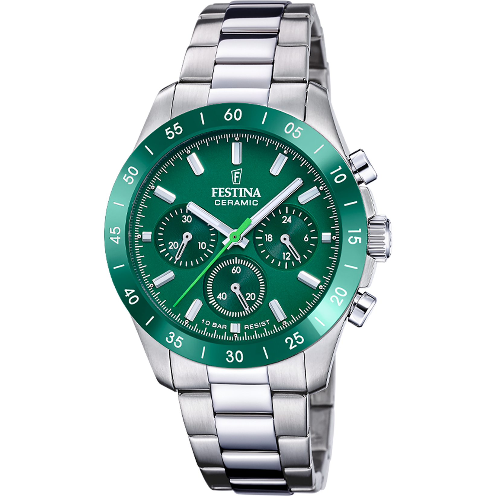 Festina Damenuhr mit grünem Zifferblatt und Chronograph, Edelstahlarmband, rundes 39-mm-Gehäuse