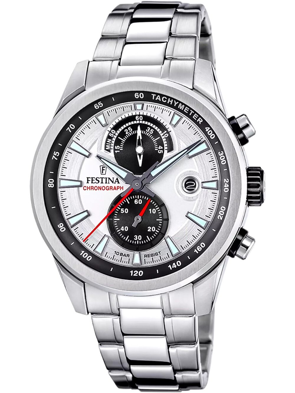 Festina Herren-Chronographenarmbanduhr: Edelstahlband, schwarzes Zifferblatt, Tachymeter