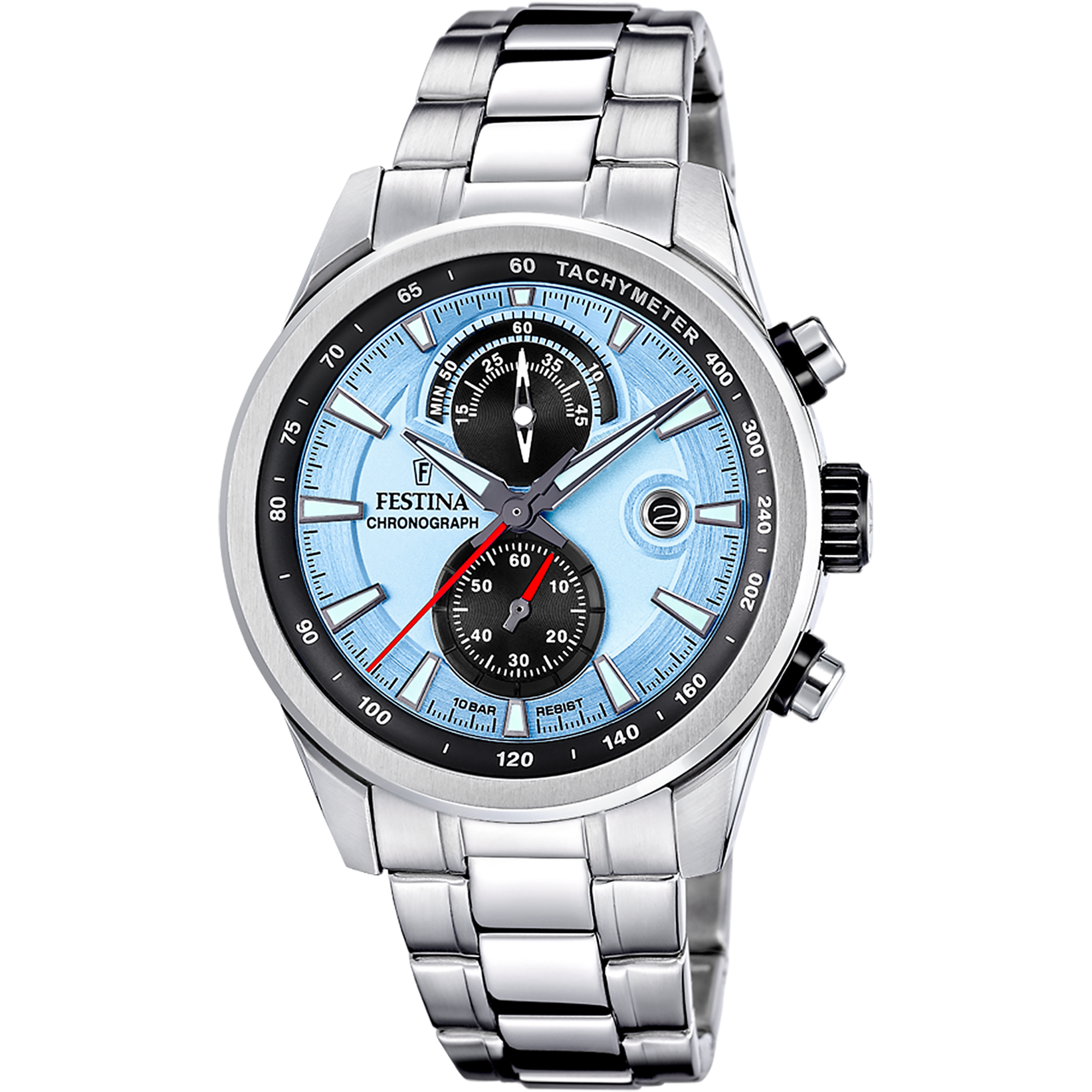 Herrenuhr mit Chronograph, silbernes Edelstahlband, blaues Zifferblatt mit Tachymeter-Lünette