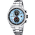 Herrenuhr mit Chronograph, silbernes Edelstahlband, blaues Zifferblatt mit Tachymeter-Lünette