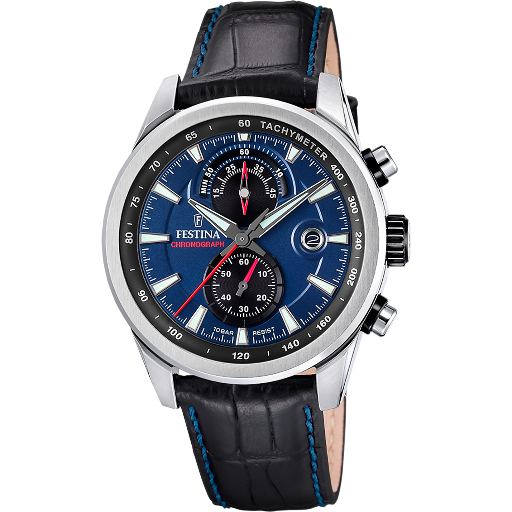 Festina Chronograph-Herrenuhr mit blauem Zifferblatt, Tachymeter-Lünette und schwarzem Lederband mit Naht