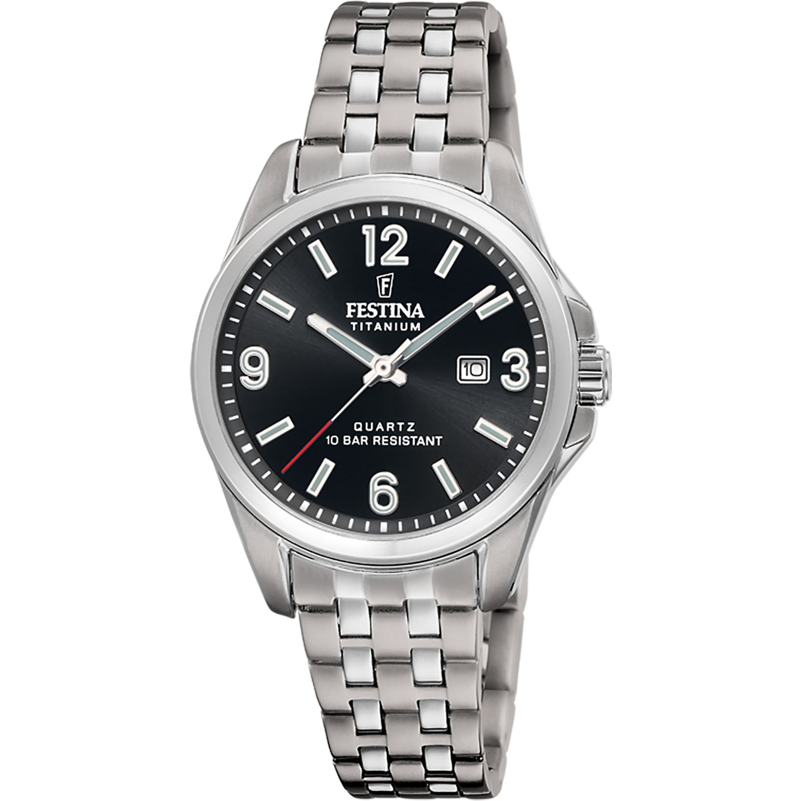 Festina Damenarmbanduhr mit schwarzem Zifferblatt, Titangehäuse und Metallarmband