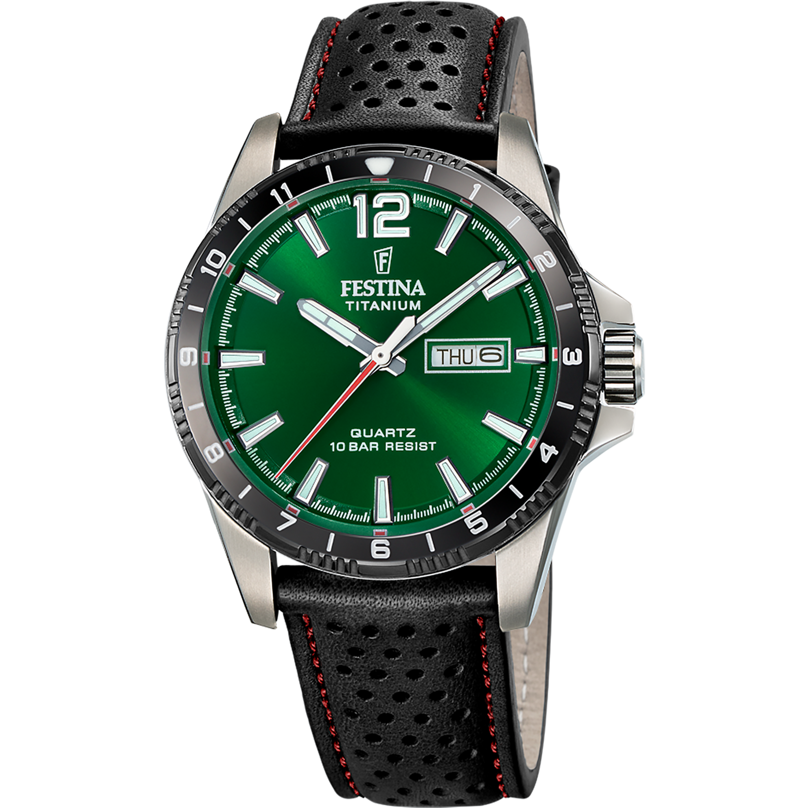 Festina Herrenarmbanduhr: grünes Quarz-Zifferblatt, Titangehäuse, schwarzes Lederband mit roten Nähten