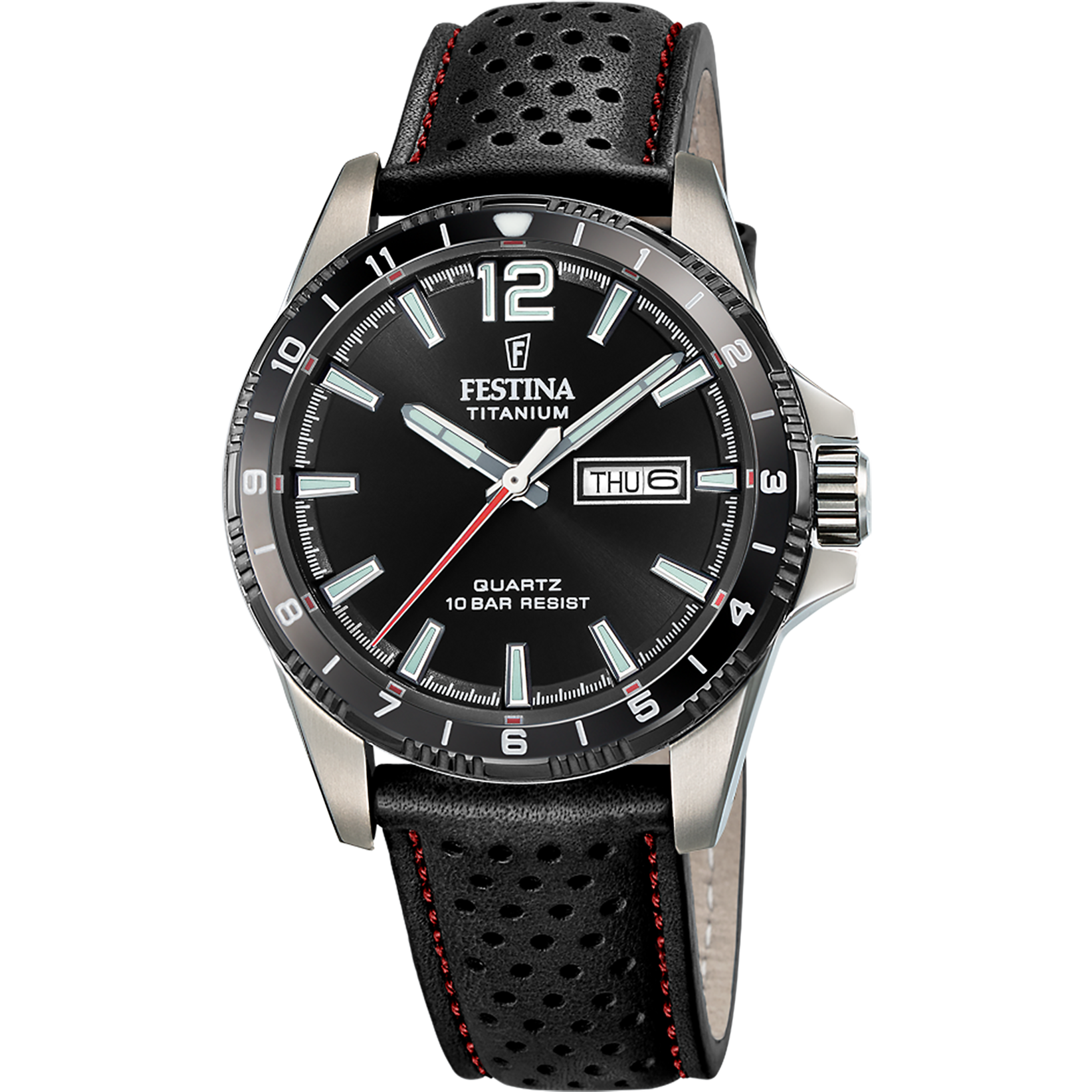 Festina Herrenuhr: schwarzes Zifferblatt, Titangehäuse, perforiertes Armband mit roten Nähten.