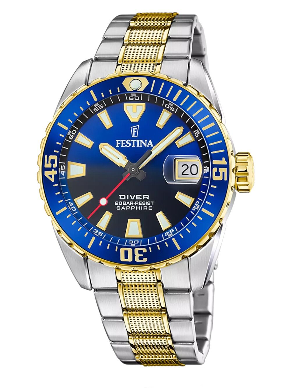 Festina Herrenuhr bicolor mit blauem Zifferblatt, Saphirglas und Metallarmband