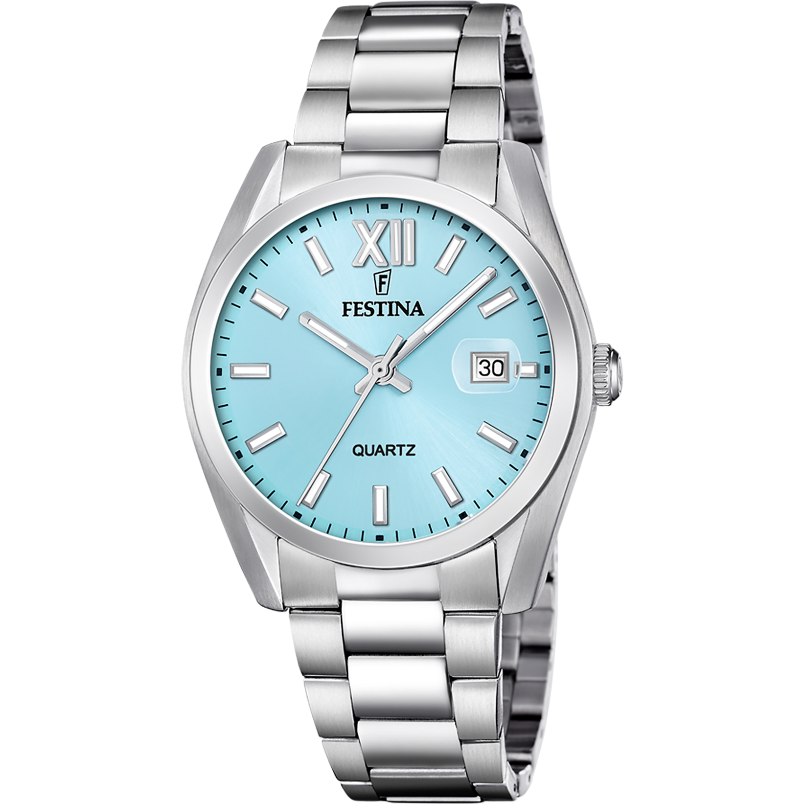 Festina Herrenarmbanduhr: silbernes Metallband, rundes Gehäuse, blaues Zifferblatt