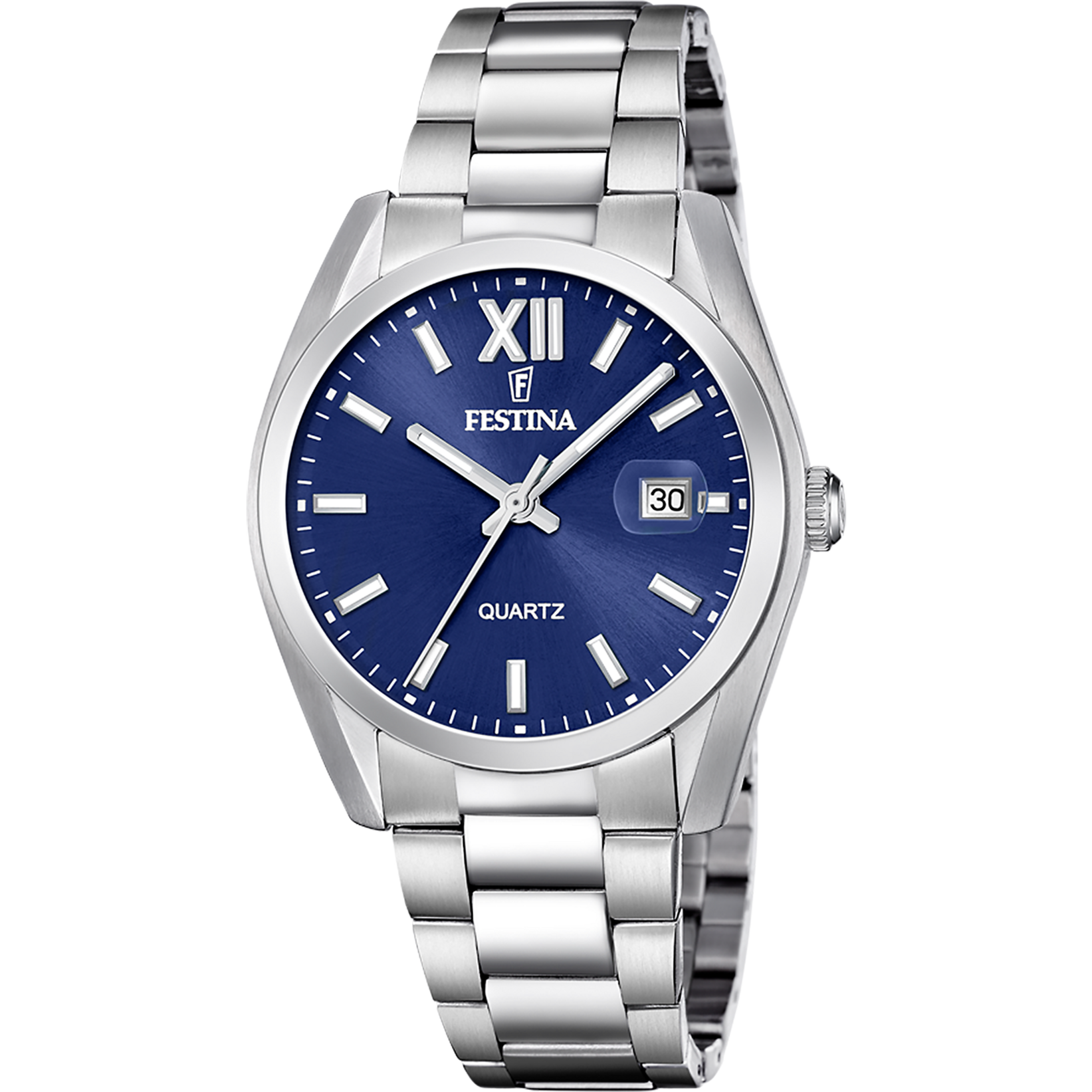 Festina Herrenarmbanduhr mit blauem Zifferblatt und silbernem Edelstahlarmband, Quarz