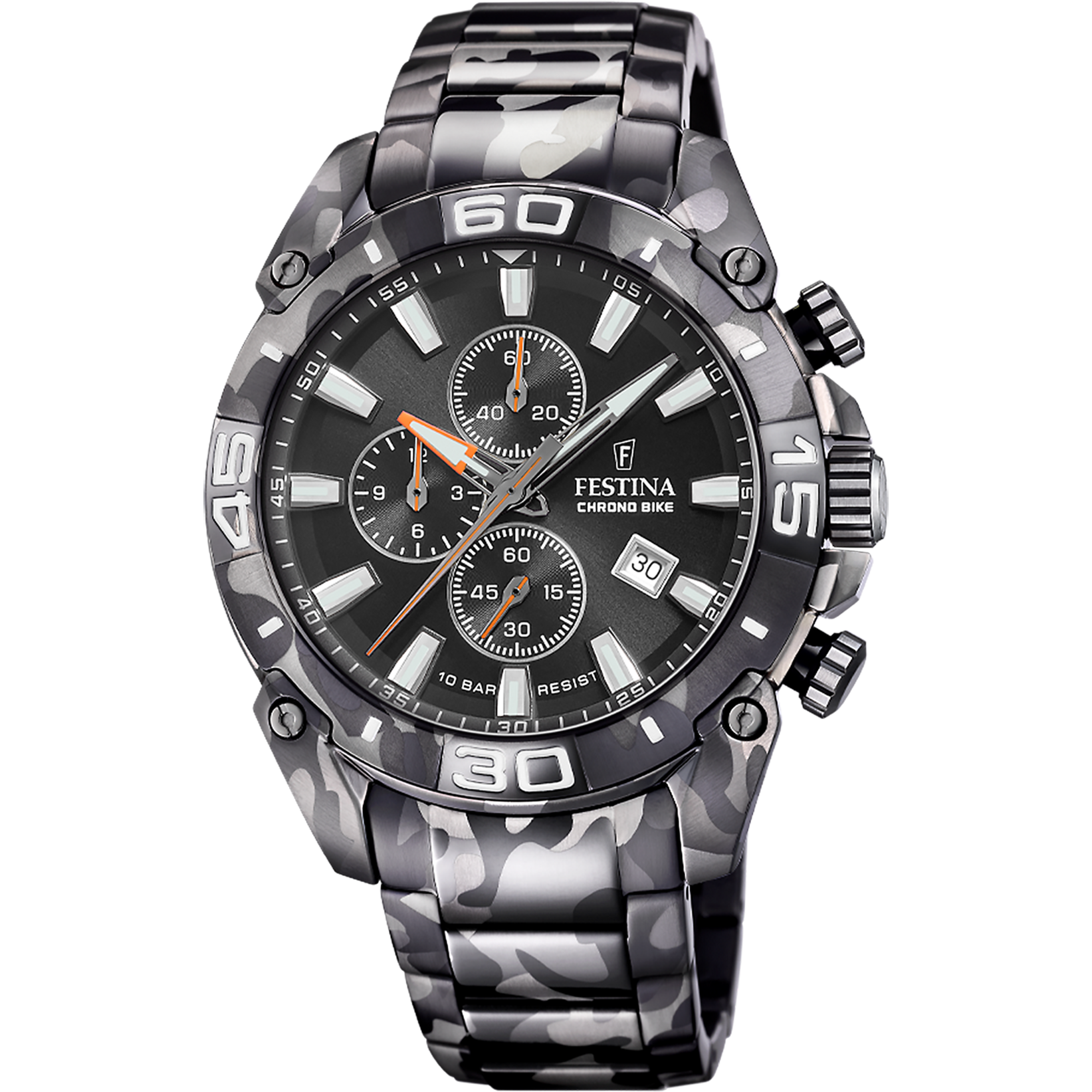 Montre chronographe pour homme avec bracelet camouflage noir et cadran noir