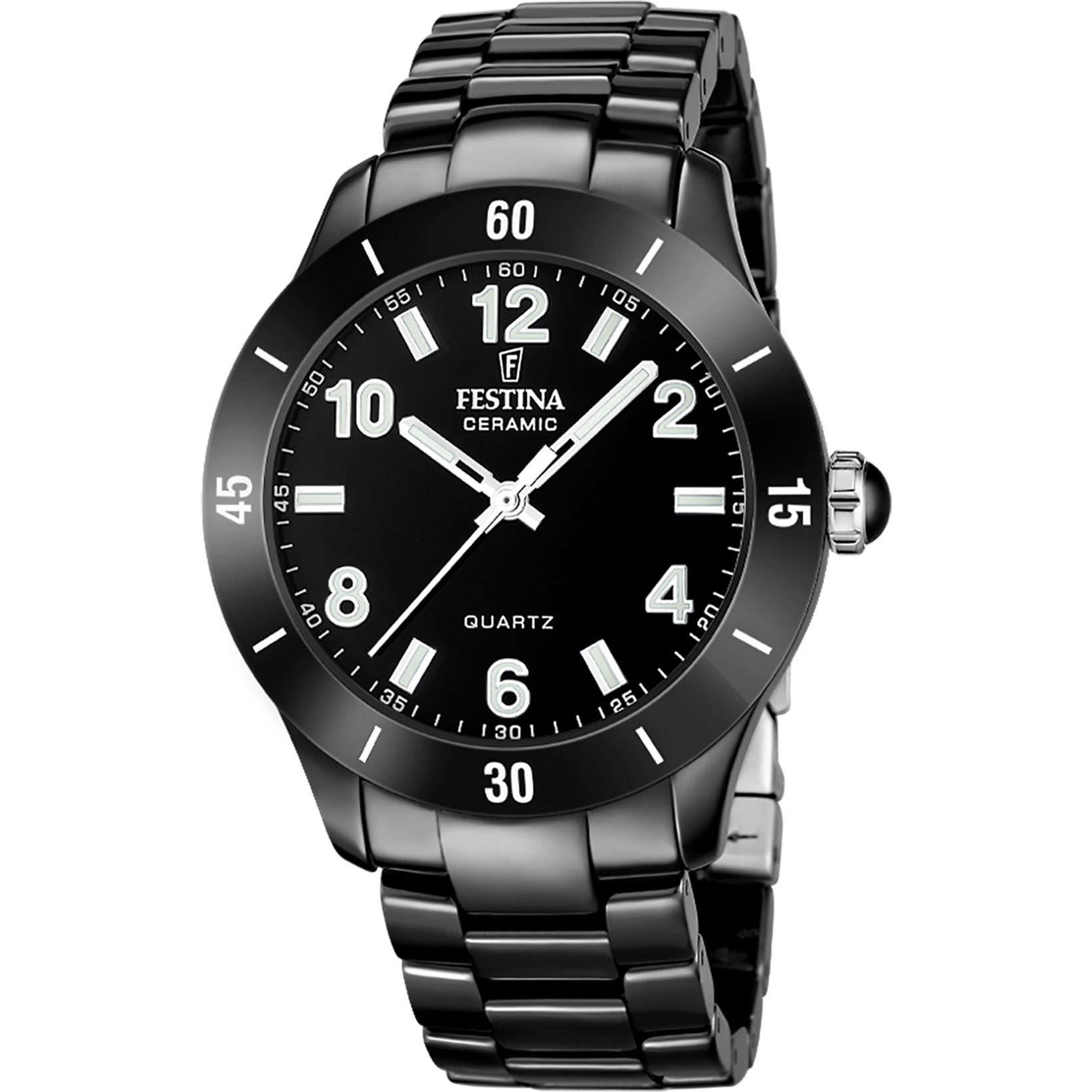 Festina Damenuhr mit schwarzem Zifferblatt, Keramikgehäuse und Metallarmband, Quarz