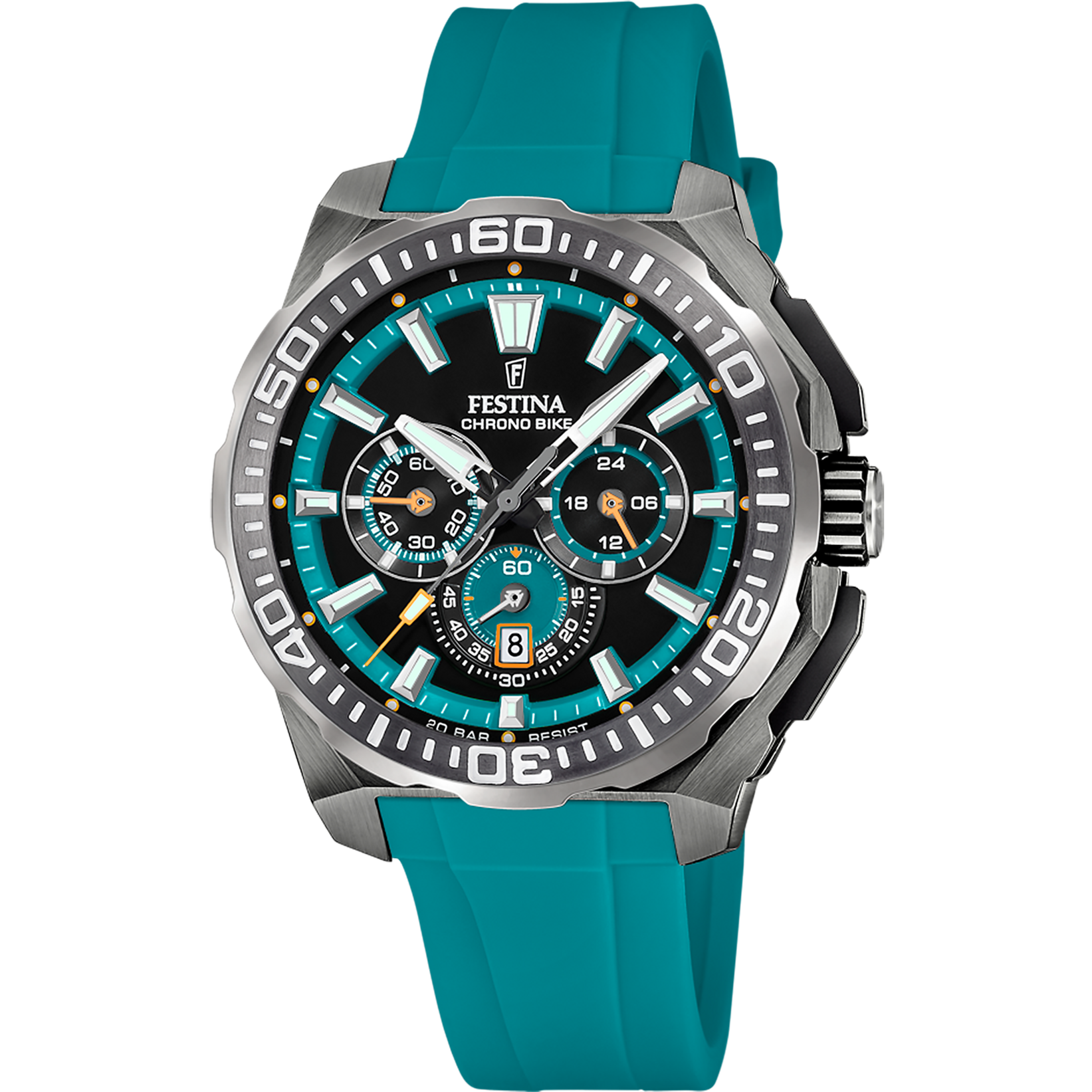 Herren-Chronograph-Armbanduhr mit schwarzem Zifferblatt und türkisfarbenem Silikonband