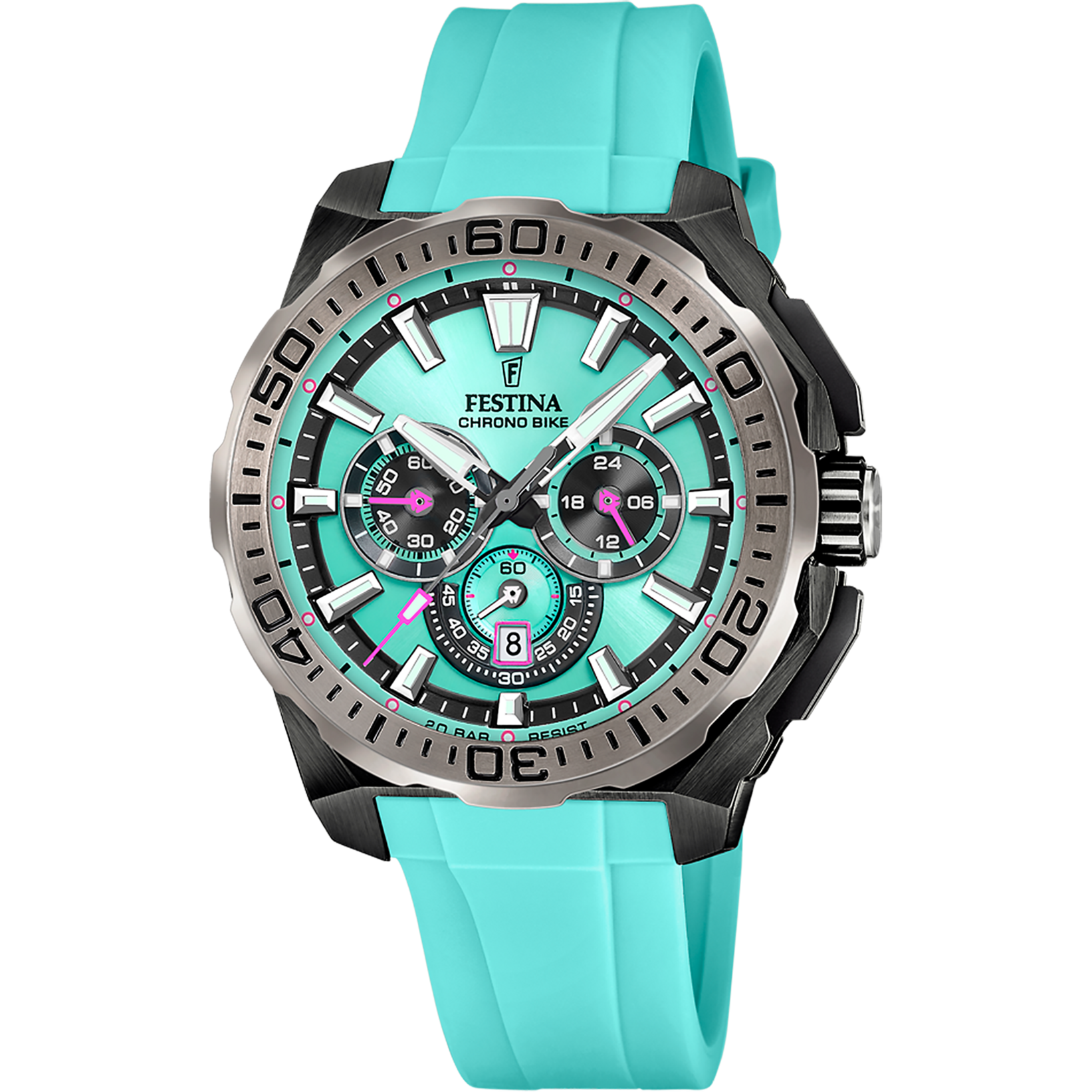 Herren-Armbanduhr mit türkisfarbenem Silikonarmband, schwarzem Zifferblatt und Chronograph