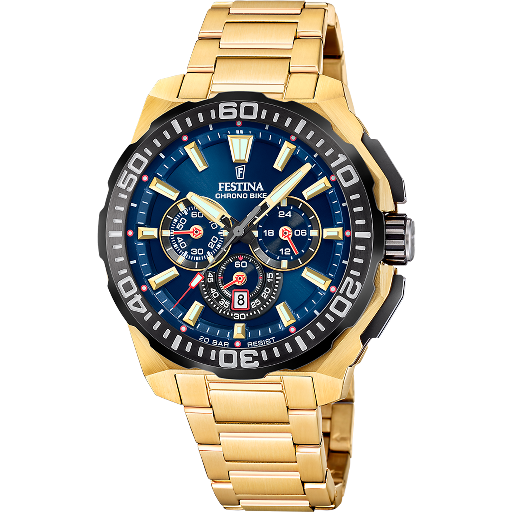 Festina Herren-Chronographuhr mit goldfarbenem Edelstahlarmband und blauem Zifferblatt