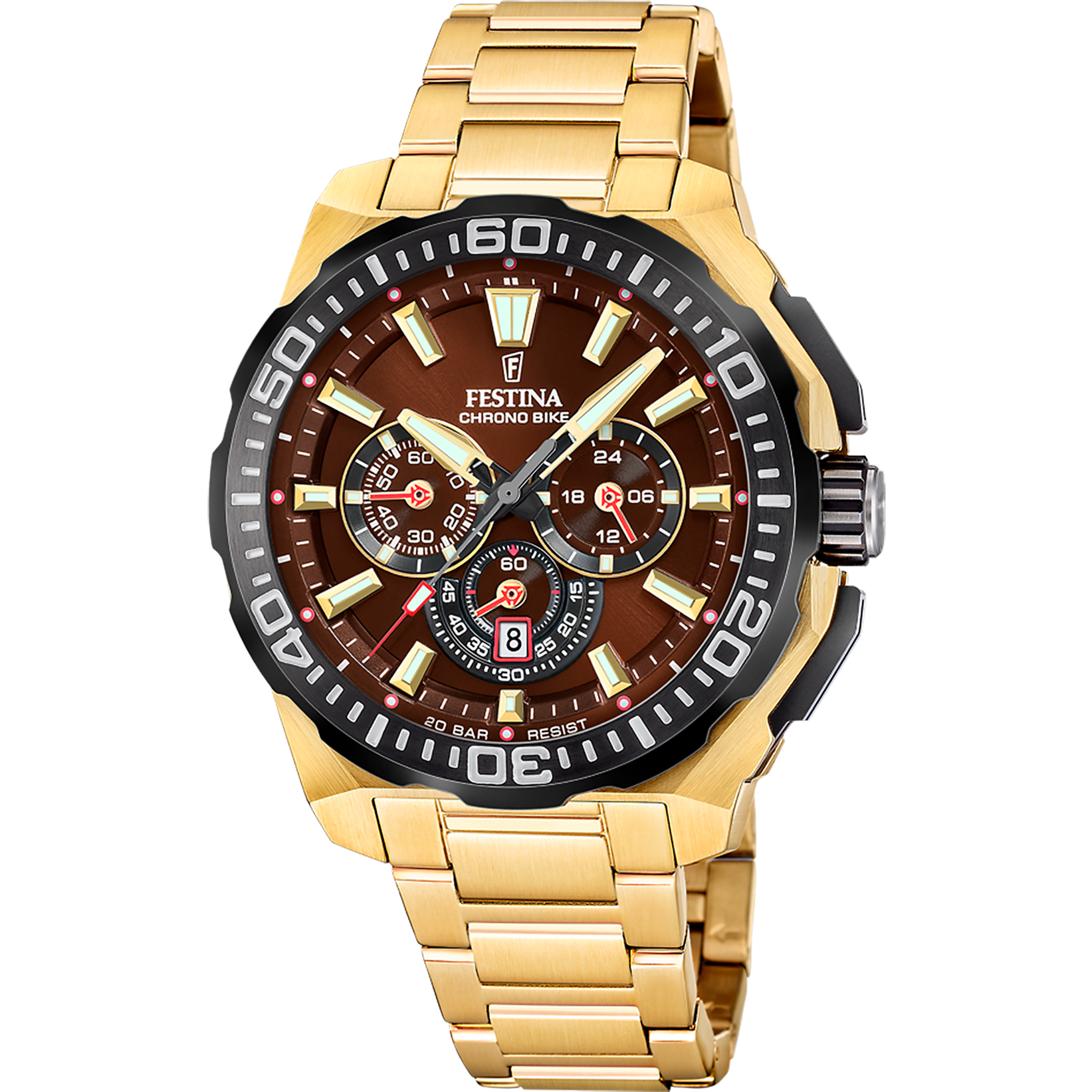 Herren-Chronograph-Armbanduhr mit goldfarbenem Metallband und braunem Zifferblatt