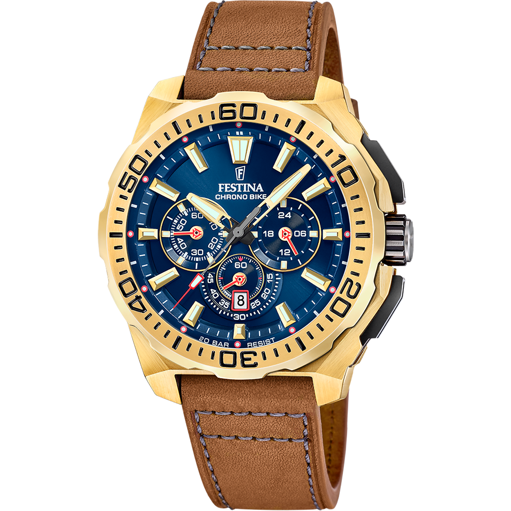 Herren-Chronograph mit blauem Zifferblatt, goldfarbenem Gehäuse und braunem Lederband.