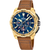 Herren-Chronograph mit blauem Zifferblatt, goldfarbenem Gehäuse und braunem Lederband.