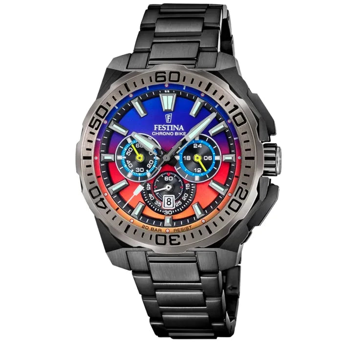 Festina Herren-Armbanduhr mit schwarzem Metallband, mehrfarbigem Chronograph-Zifferblatt