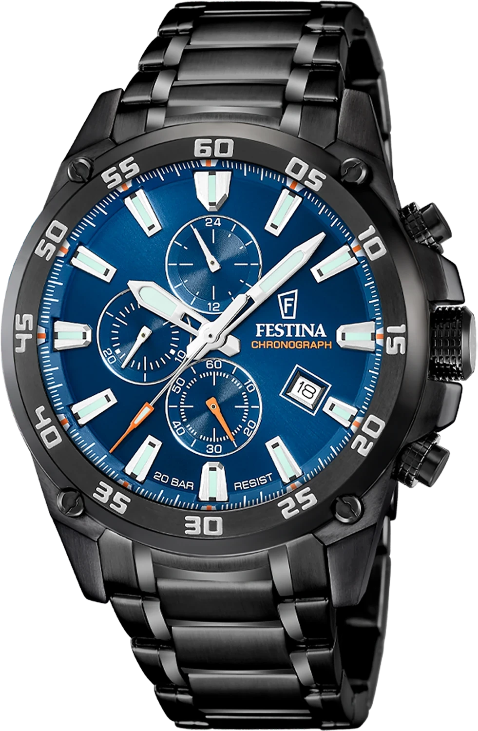Montre pour homme avec cadran chronographe bleu, boîtier noir et bracelet en métal