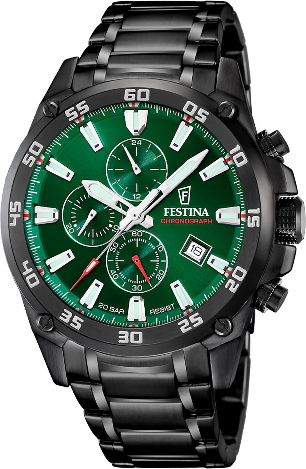 Montre chronographe pour homme avec bracelet noir et cadran vert, sous-cadrans chrono.