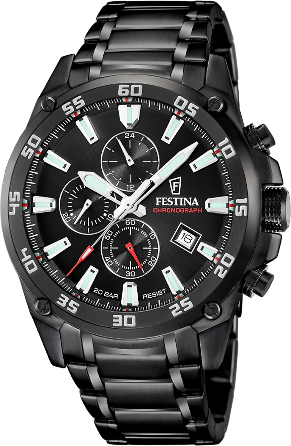 Montre chronographe pour homme avec cadran noir et bracelet en acier inoxydable noir