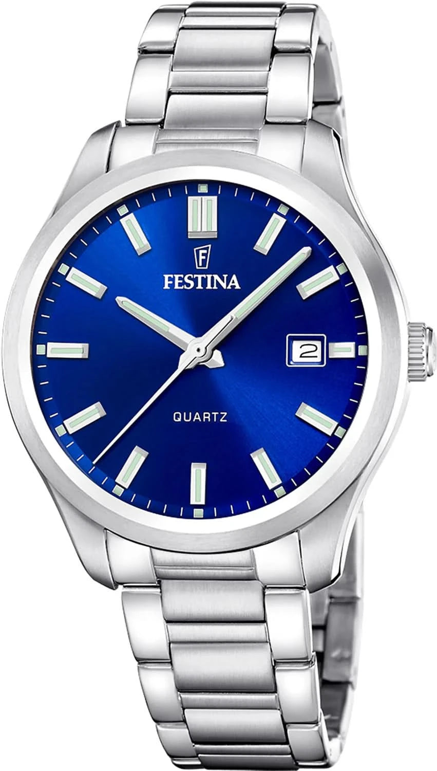 Montre pour homme avec cadran bleu, bracelet en acier inoxydable argenté et affichage de l'heure