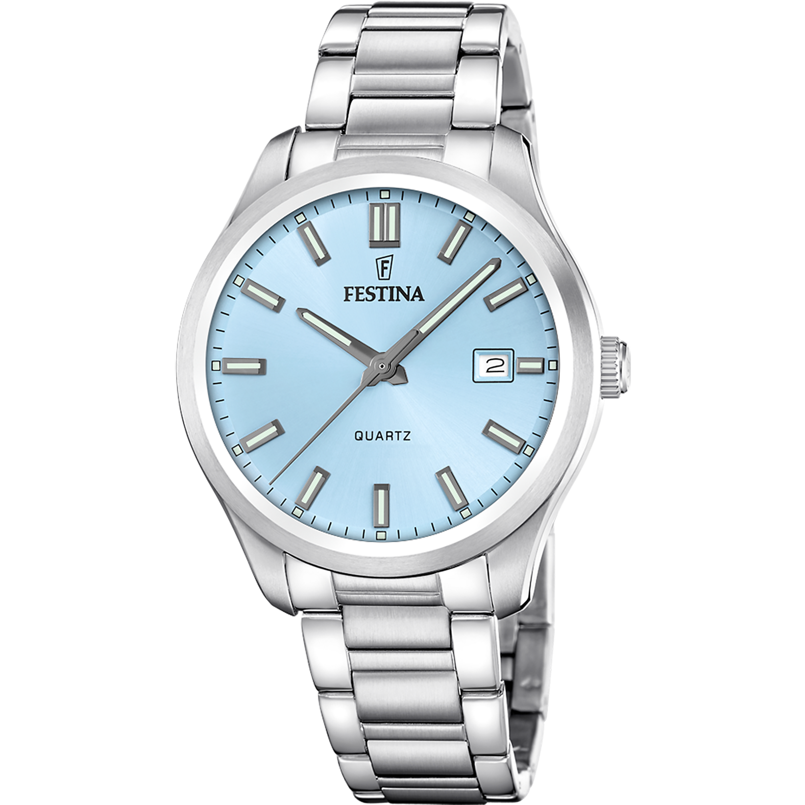 Festina Herrenarmbanduhr mit silbernem Metallband, hellblauem Zifferblatt und Quarz