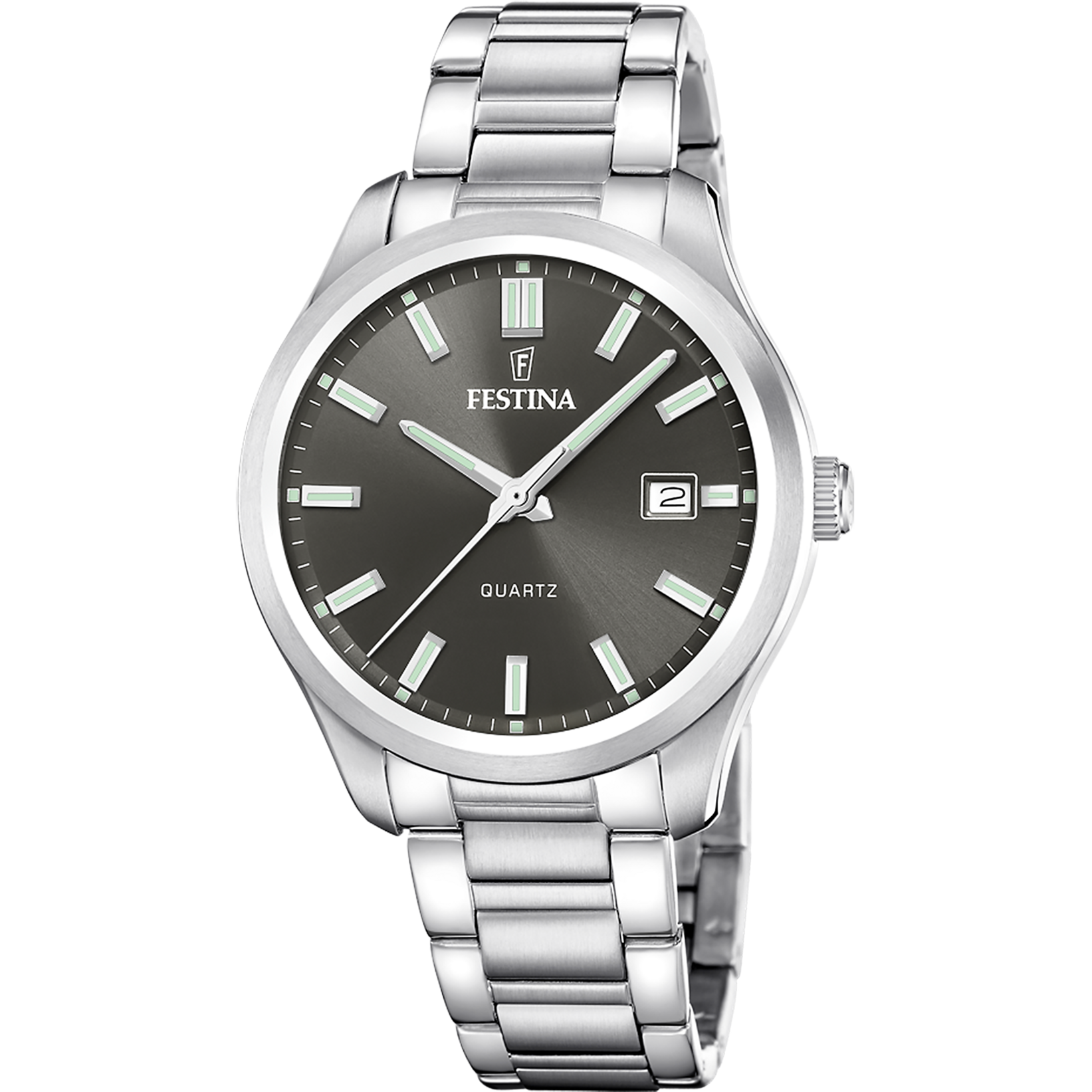 Festina Herrenuhr: silberfarbenes Edelstahlband, dunkles Zifferblatt mit grünen Markierungen, Datum