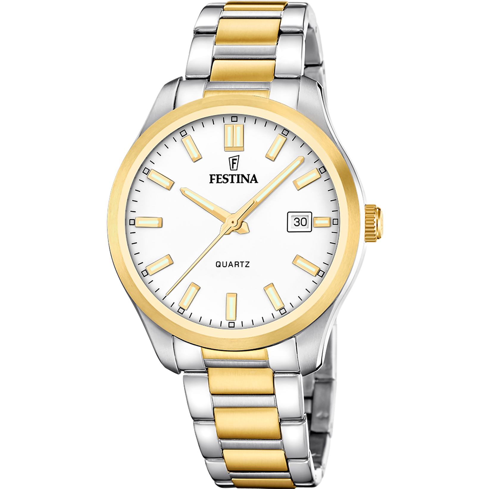 Festina Herrenuhr: weißes Zifferblatt, gold-silbernes Metallband, Datumsfenster, Quarz