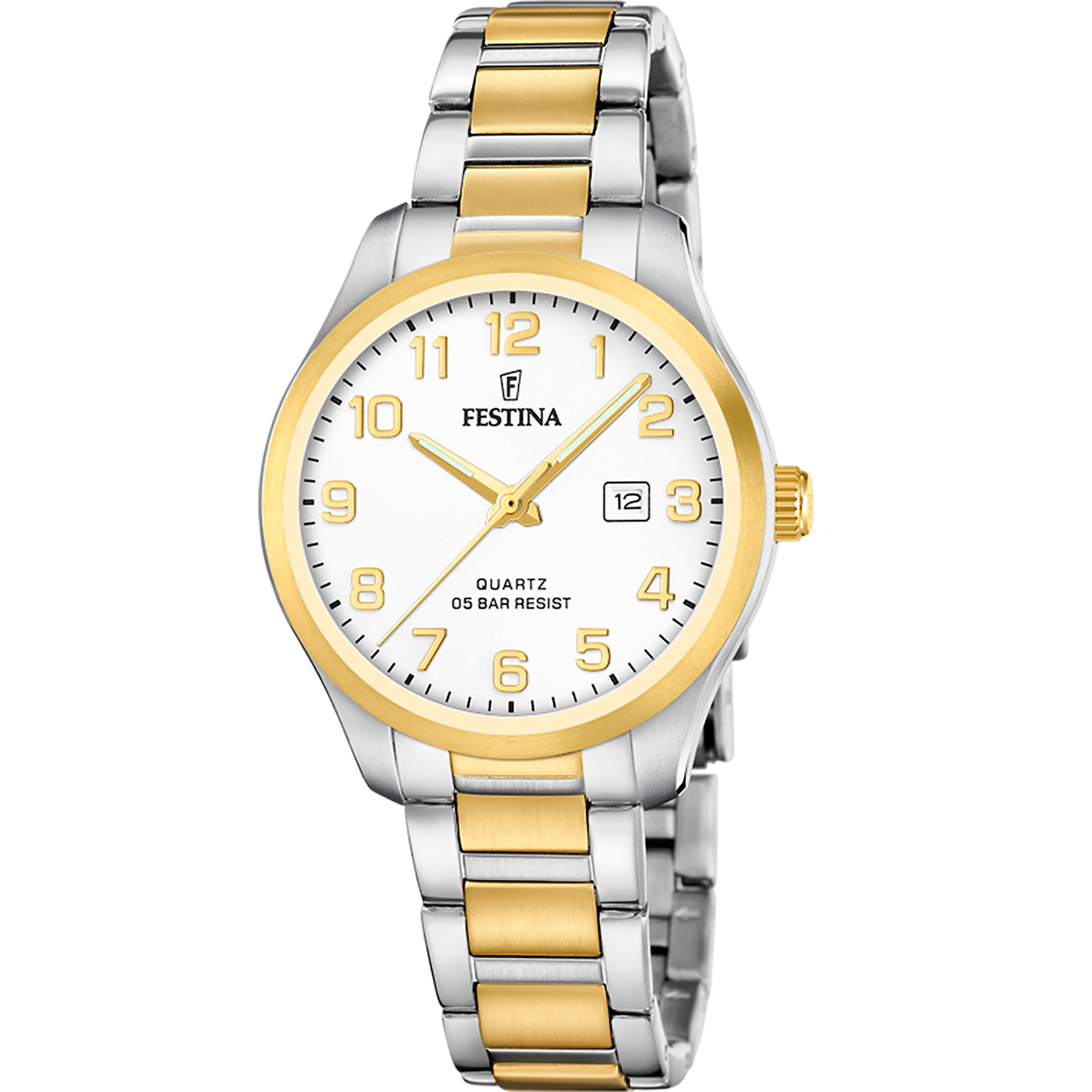 Festina Damenuhr mit zweifarbigem Edelstahlarmband, weißem Zifferblatt, Datumsfenster