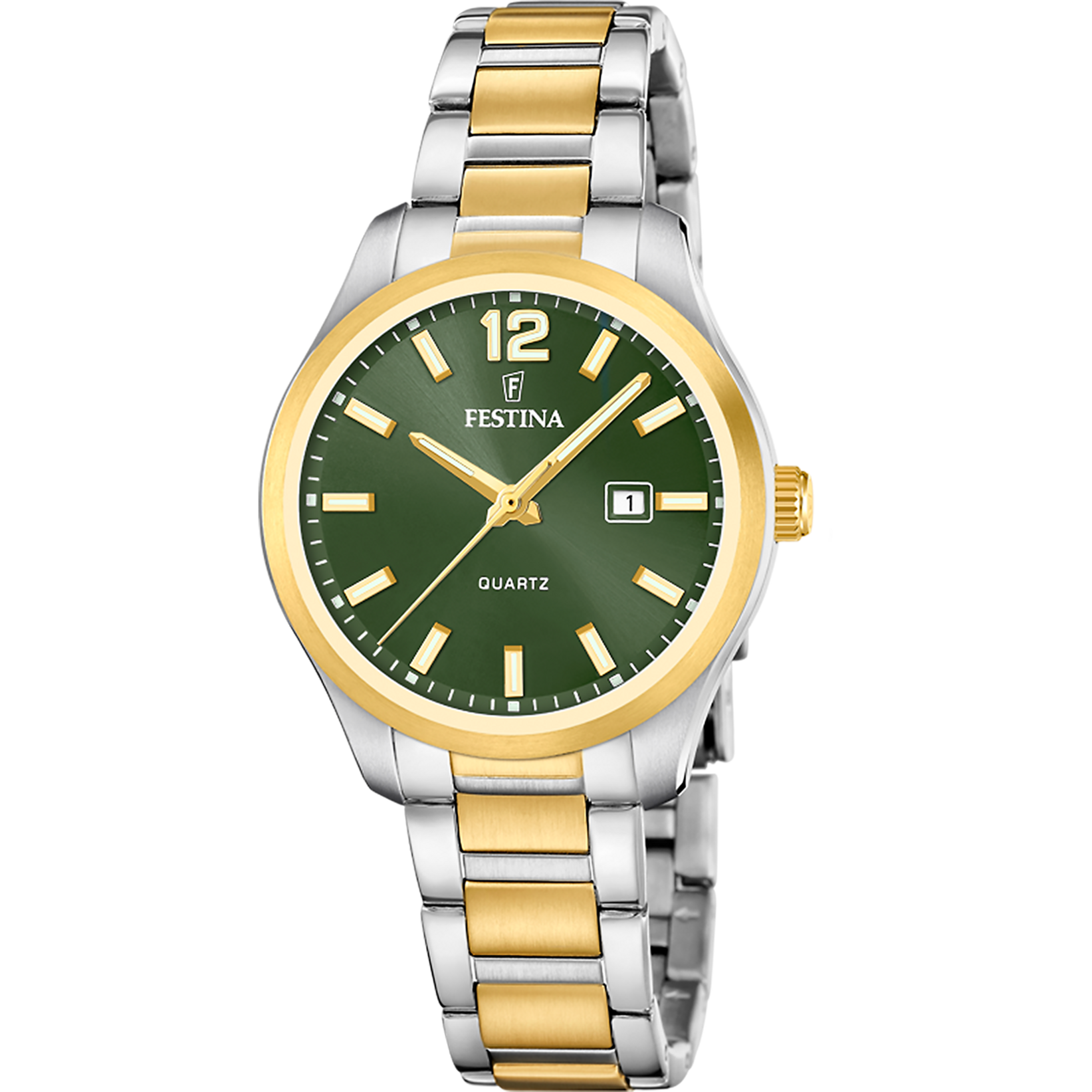 Festina Damenuhr mit grünem Zifferblatt, goldfarbenen Zeigern und Datumsanzeige, Stahlband