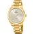 Goldfarbene Herrenarmbanduhr mit silbernem Zifferblatt, Datumsanzeige und Ziffernindex.