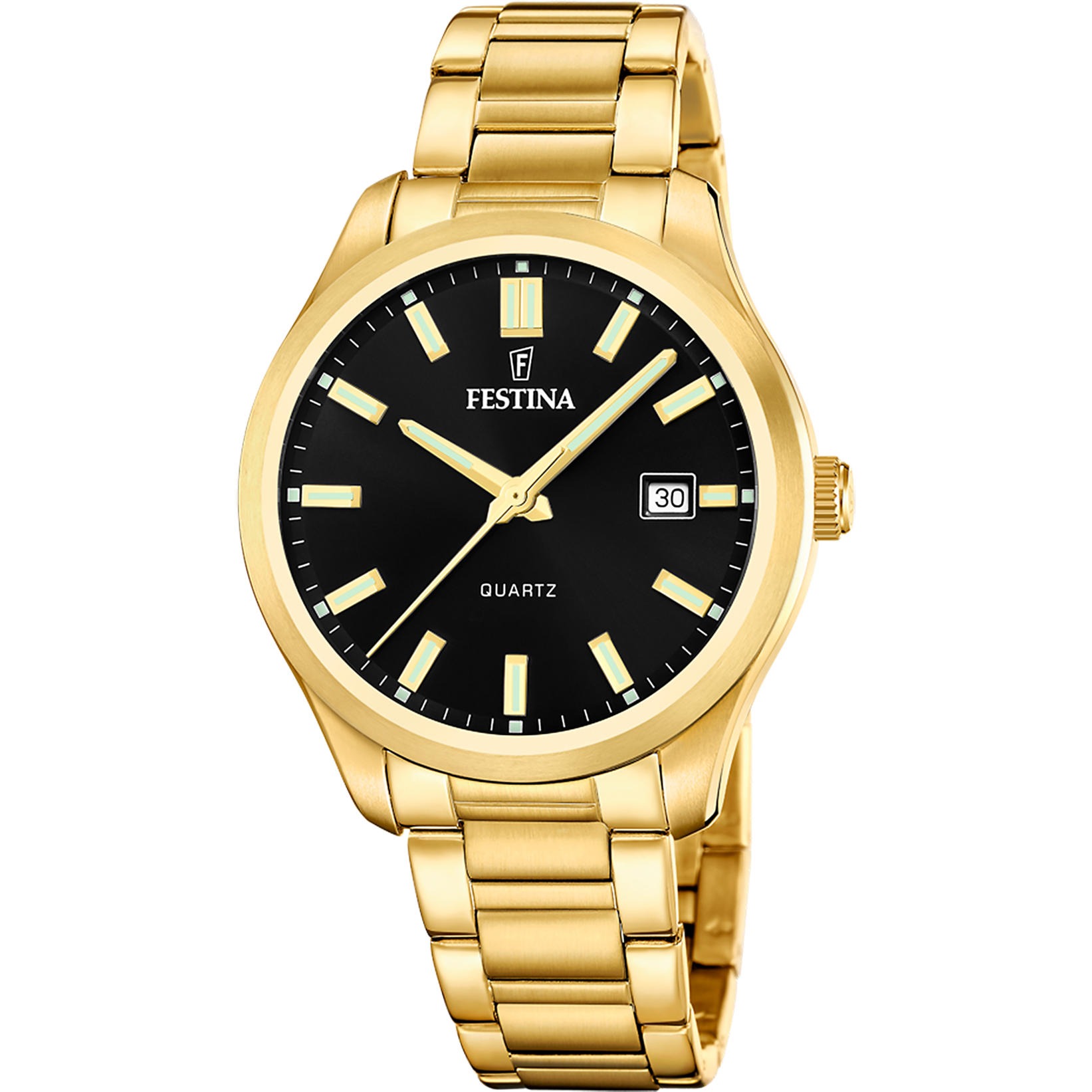 Herrenarmbanduhr Festina mit goldfarbenem Metallband und schwarzem Analogzifferblatt