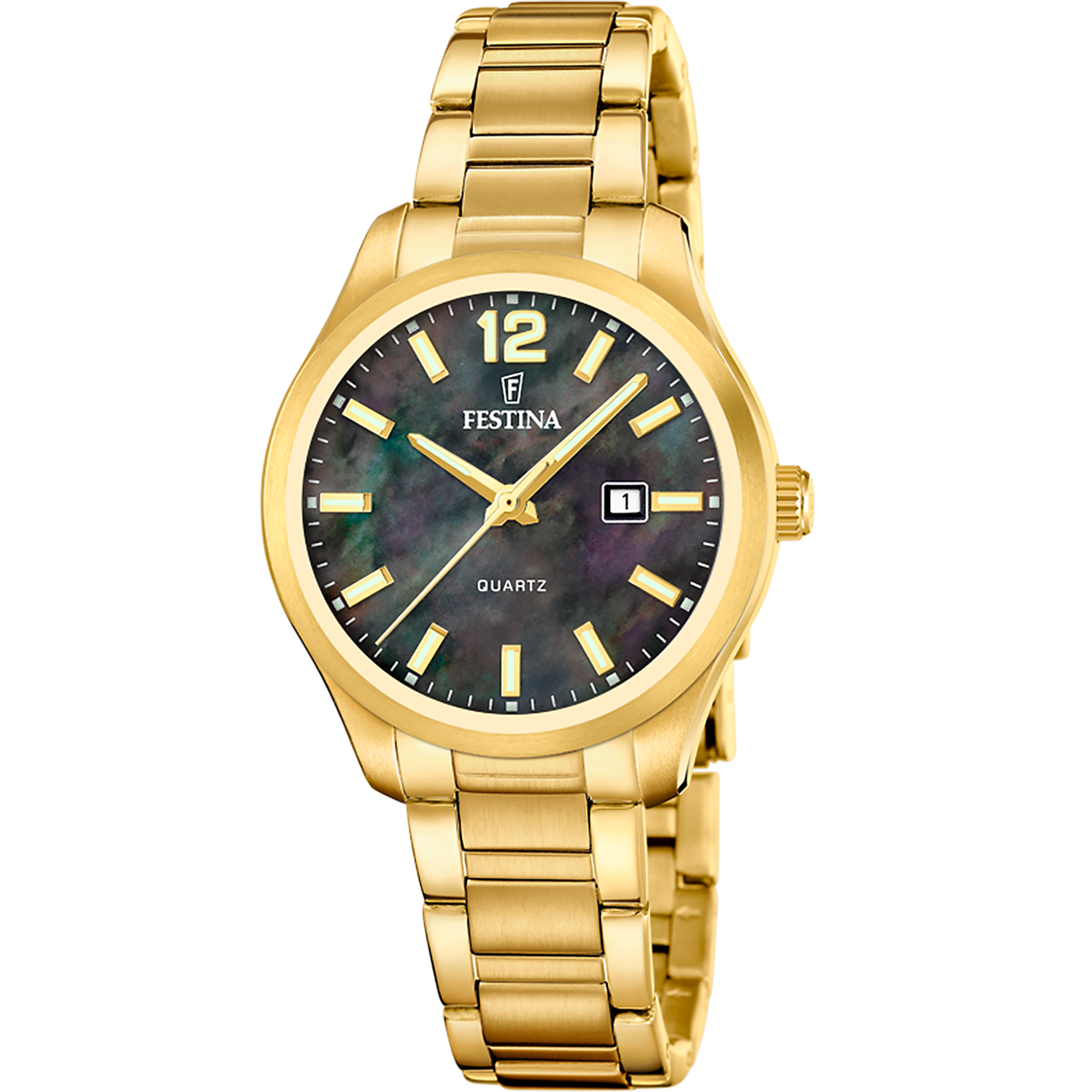 Festina Damenarmbanduhr mit goldfarbenem Metallband und schwarzem Zifferblatt, Quarz.