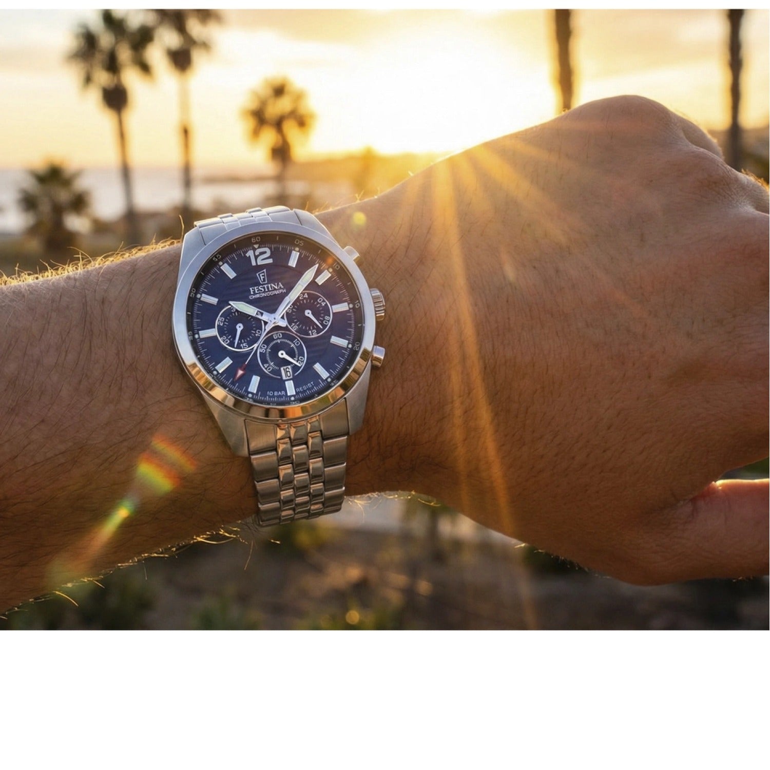 Herren-Chronograph Festina mit blauem Zifferblatt und Edelstahlarmband