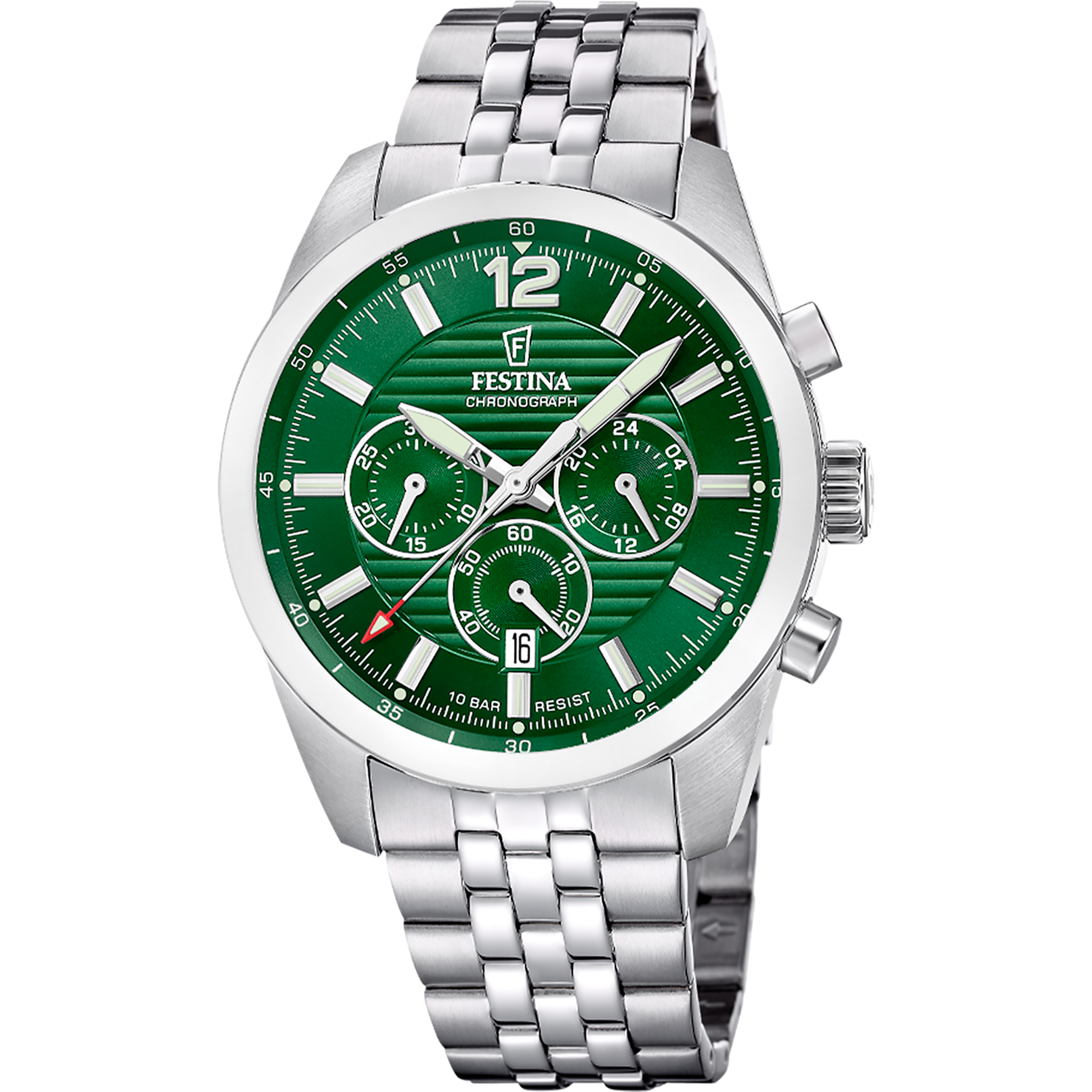 Festina Chronograph Herrenarmbanduhr mit grünem Zifferblatt und Edelstahlarmband