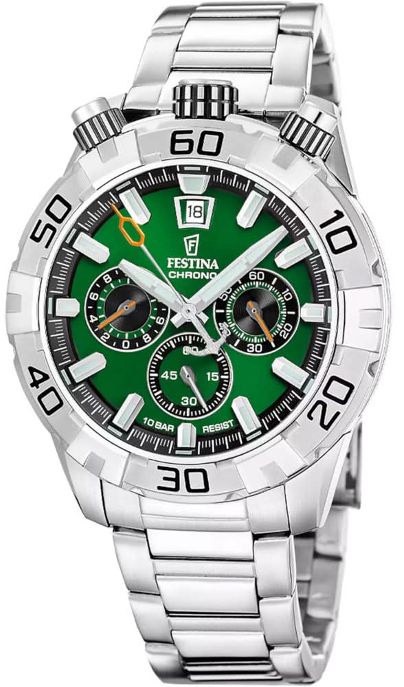 Montre Festina pour homme avec cadran vert, chronographes et bracelet en acier