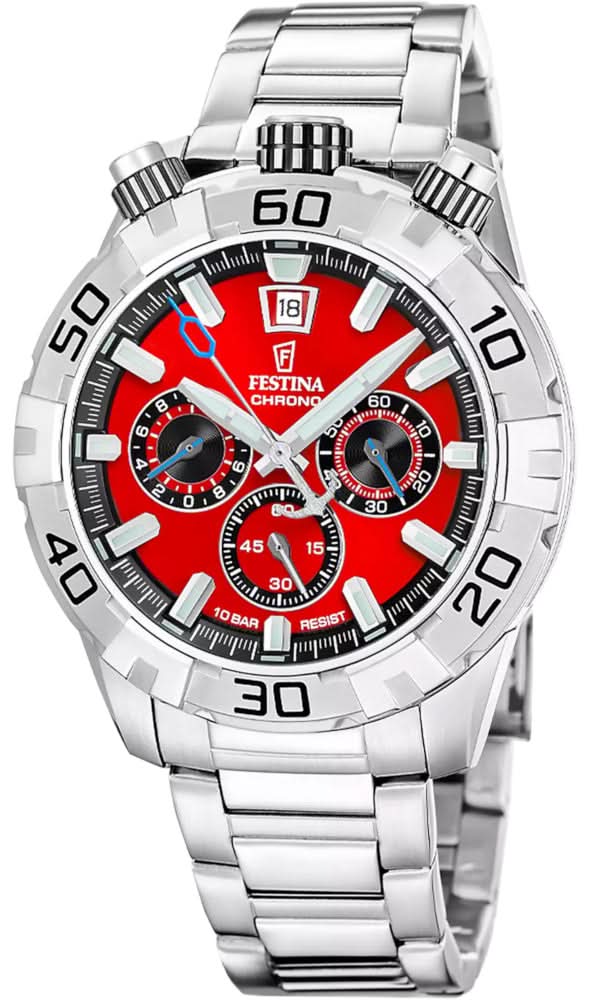 Bracelet de montre pour homme en argent avec cadran rouge et 3 sous-cadrans chrono