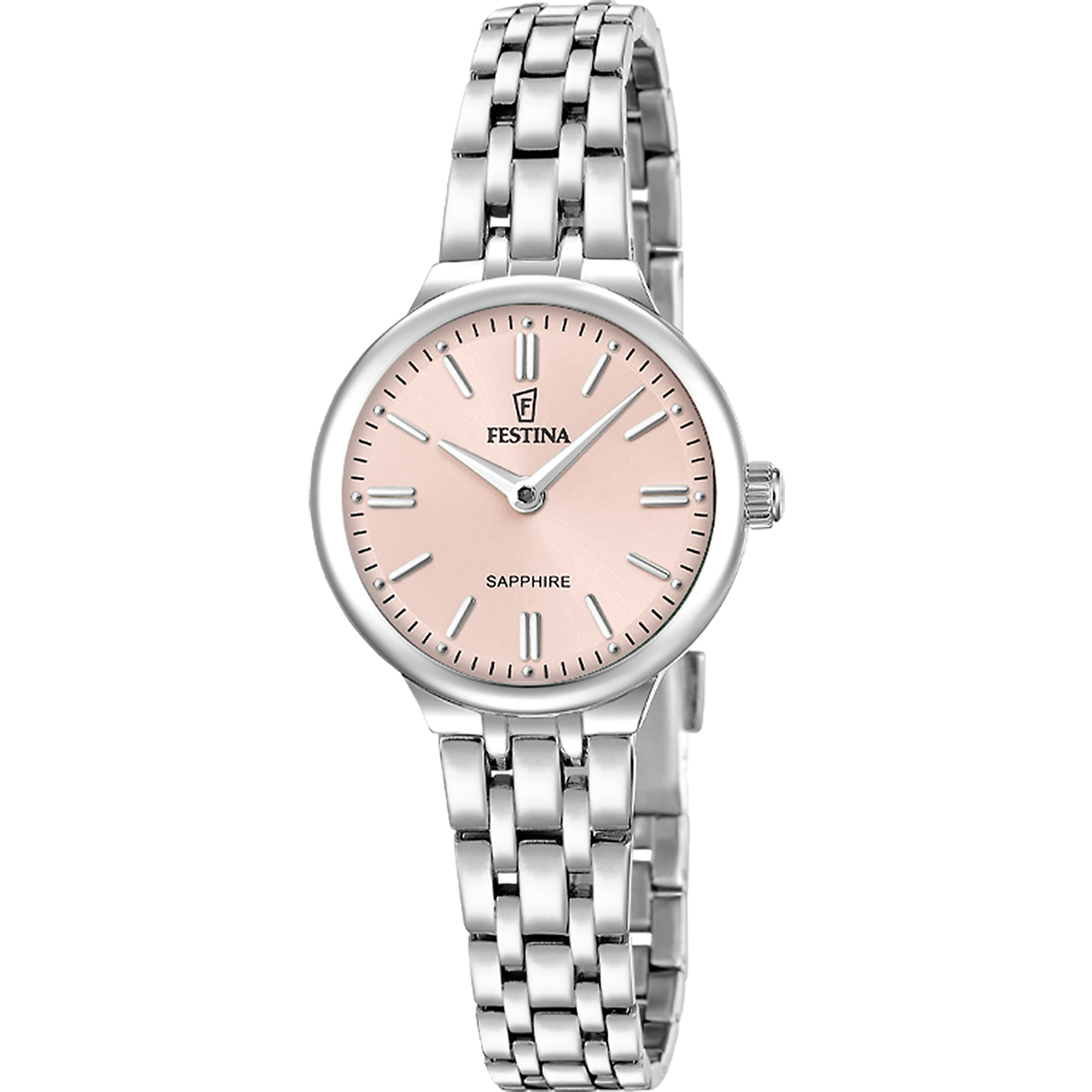 Damenarmbanduhr mit silbernem Edelstahlband, rundem Gehäuse und rosafarbenem Ziffernblatt, Indexe