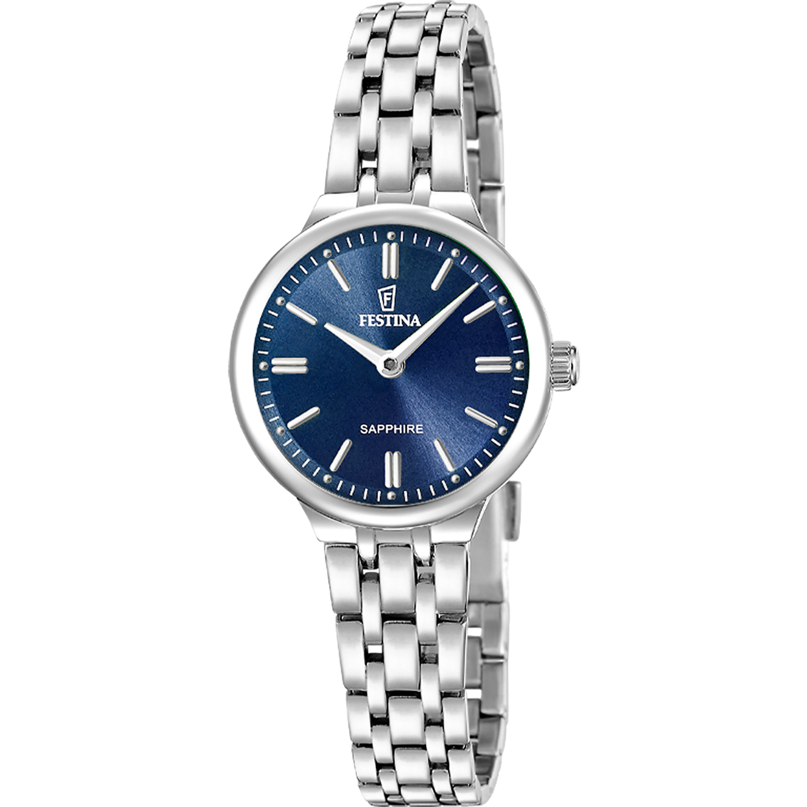 Festina Damenuhr mit blauem Zifferblatt und Edelstahlarmband, rundes Gehäuse