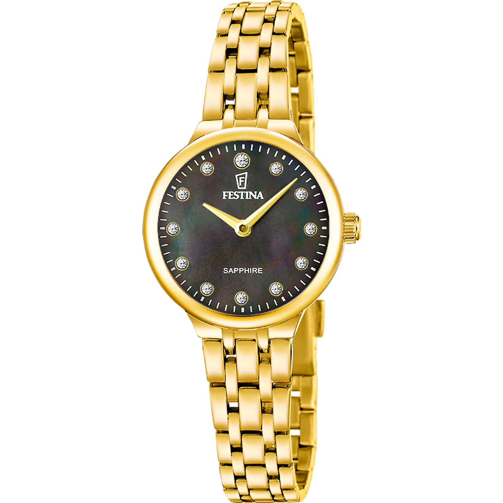 Festina Mademoiselle Damenuhr: schwarzes Zifferblatt, Saphirglas, Edelstahlarmband