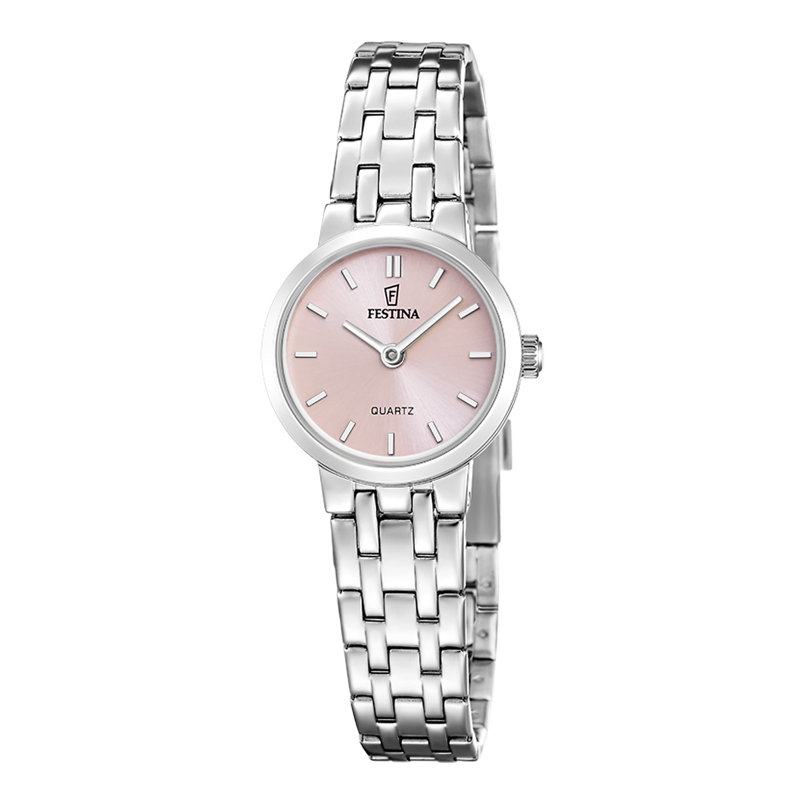 Damenuhr von Festina mit silbernem Metallarmband und rundem rosafarbenem Zifferblatt, Quarz